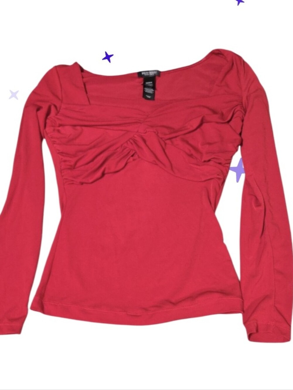 Bisou Bisou Red Long-Sleeve Ruched Front Top Xs Stretch